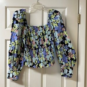 Free People Navy flowered long sleeve blouse